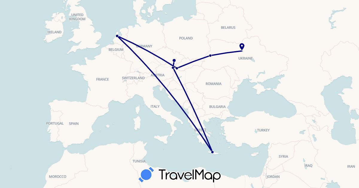 TravelMap itinerary: driving in Austria, Czech Republic, Greece, Netherlands, Slovakia, Ukraine (Europe)
